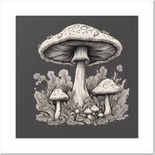 Mushroom autumn fall black and white forest drawing design Posters and Art